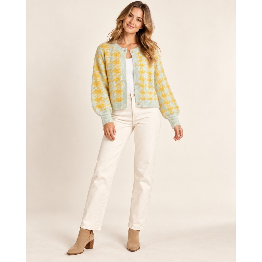 Blu Pepper Fuzzy Houndstooth Cardigan Sweater Size S Mint Yellow Button Front